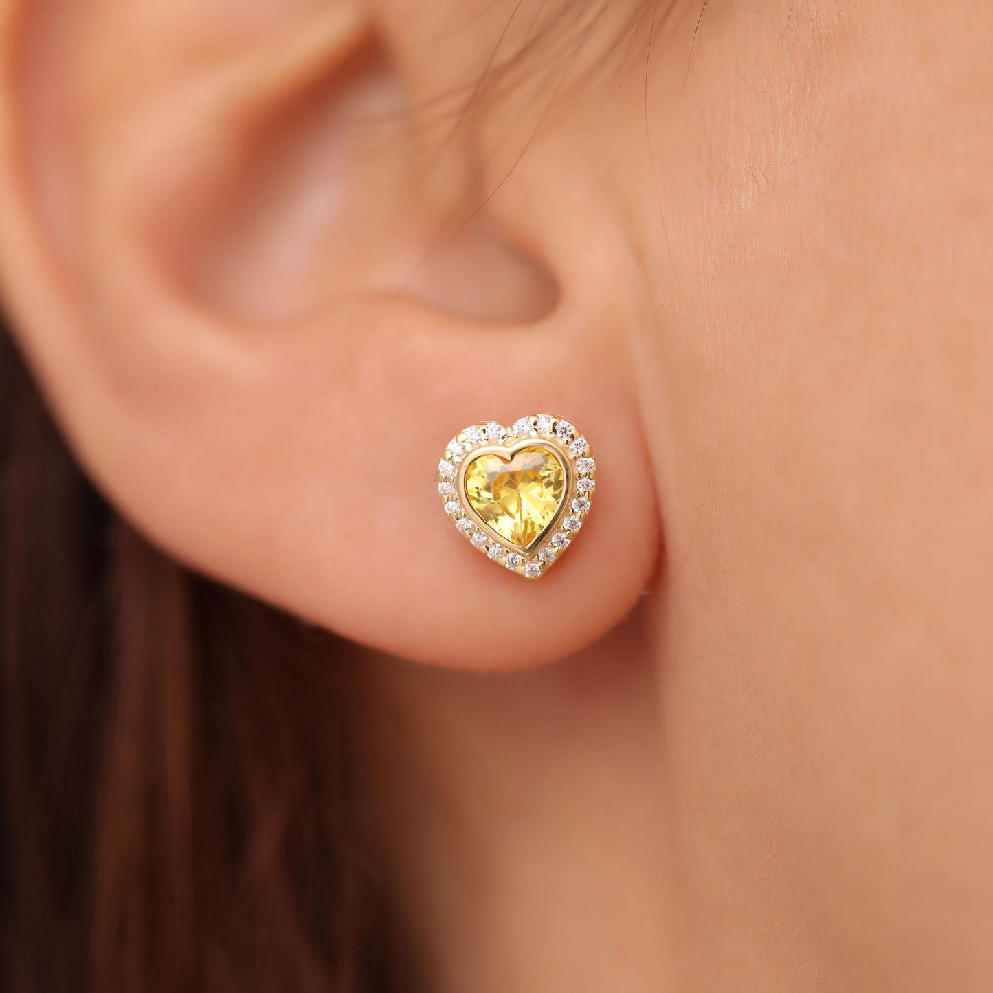 Yellow Topaz Bezel Heart Stud Earrings with Real Diamonds in 10K/14K Solid Gold | November Birthstone Jewelry