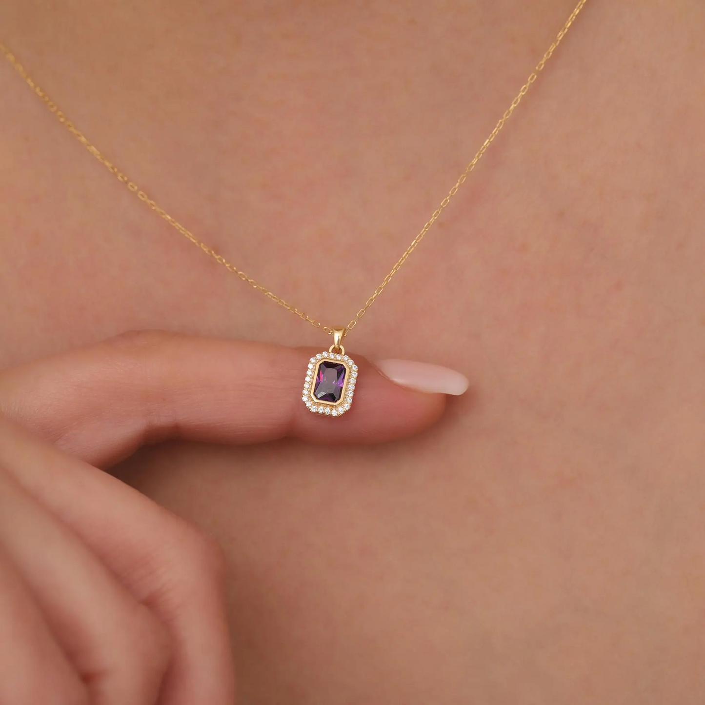 Rectangle Amethyst Bezel Necklace in 8K/10K/14K Solid Gold Surrounded with Real Diamonds, February Birthstone Jewelry