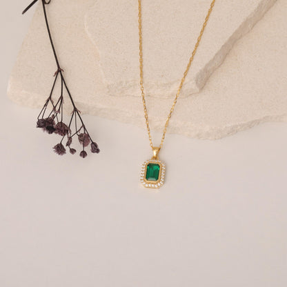 Rectangle Emerald Bezel Necklace in 8K/10K/14K Solid Gold Surrounded with Real Diamonds, May Birthstone Jewelry