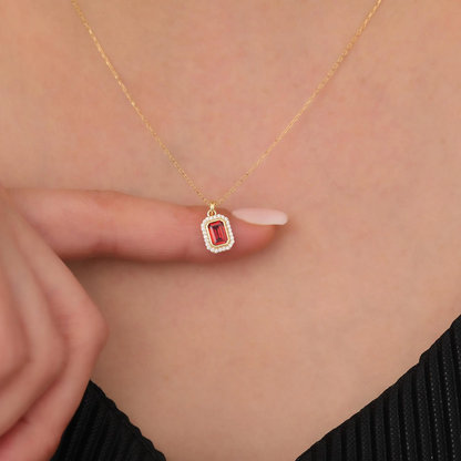 Rectangle Garnet Bezel Necklace in 8K/10K/14K Solid Gold Surrounded with Real Diamonds, January Birthstone Jewelry