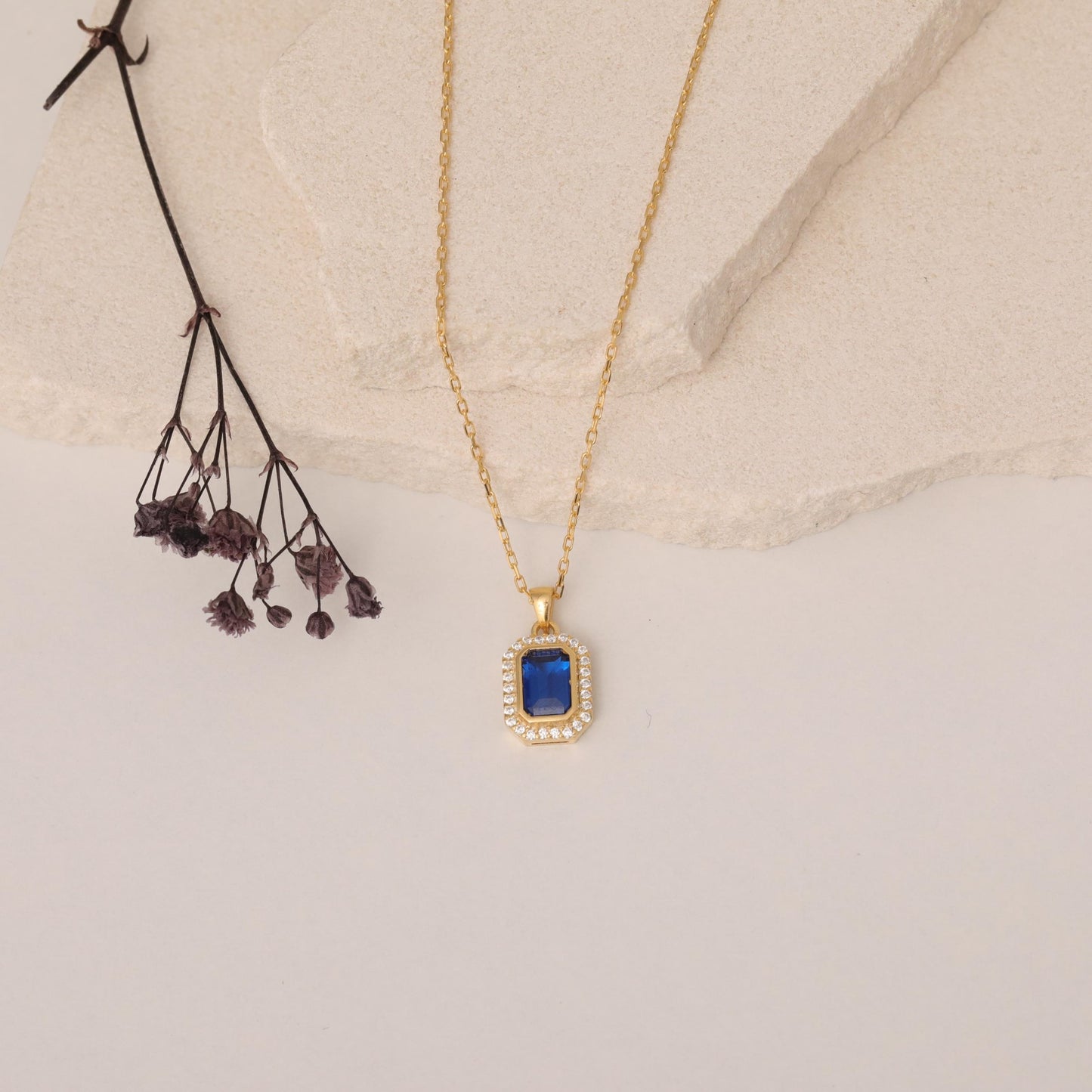 Rectangle Sapphire Bezel Necklace in 8K/10K/14K Solid Gold Surrounded with Real Diamonds, September Birthstone Jewelry