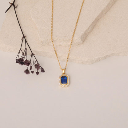 Rectangle Sapphire Bezel Necklace in 8K/10K/14K Solid Gold Surrounded with Real Diamonds, September Birthstone Jewelry