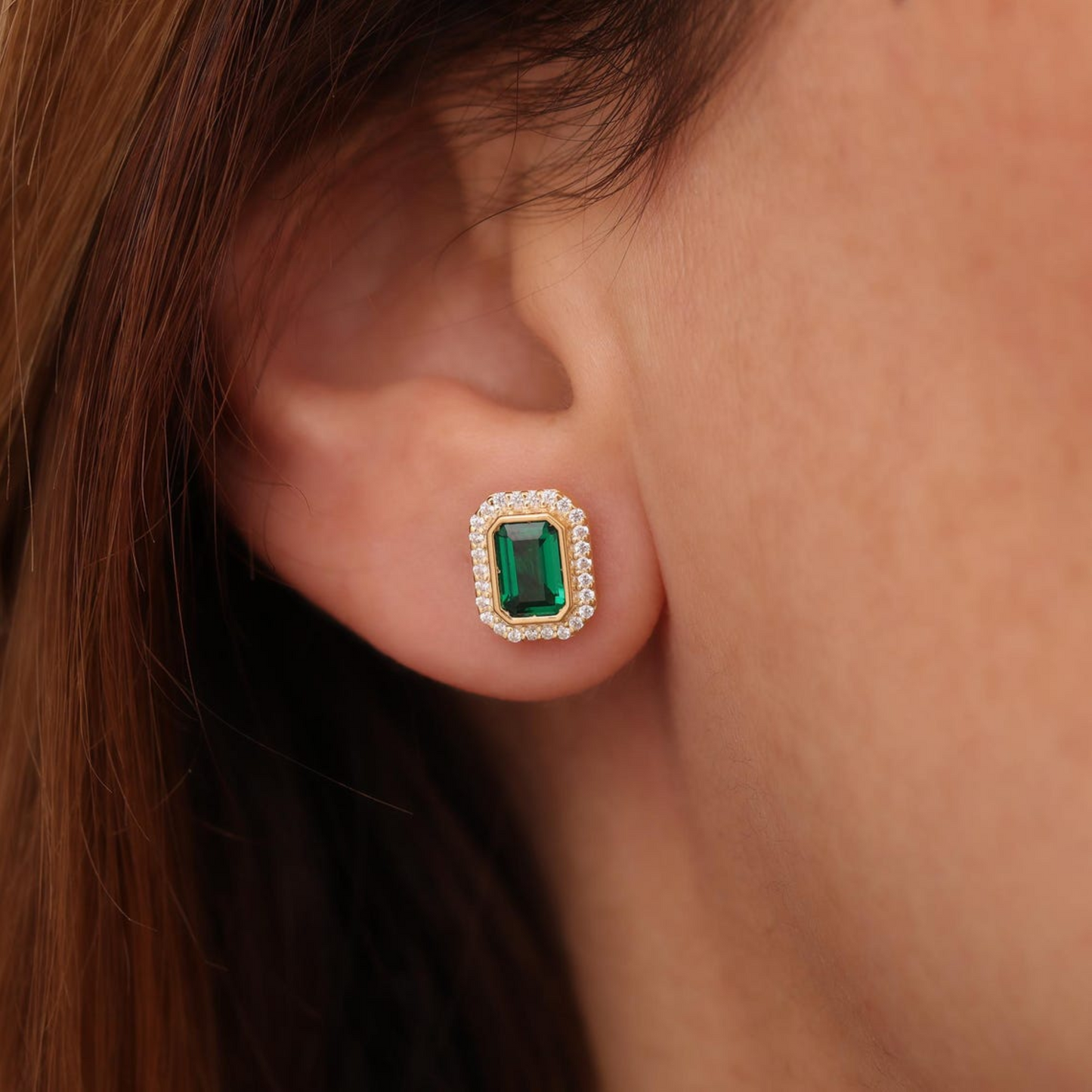 Rectangle Emerald Bezel Stud Earrings in 10K/14K Solid Gold Surrounded with Real Diamonds, May Birthstone Jewelry