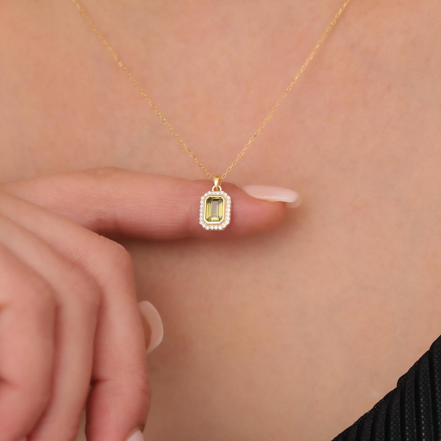 Rectangle Peridot Bezel Necklace in 8K/10K/14K Solid Gold Surrounded with Real Diamonds, August Birthstone Jewelry