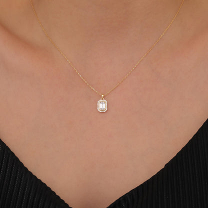 Rectangle White Topaz Bezel Necklace in 8K/10K/14K Solid Gold Surrounded with Real Diamonds, April Birthstone Jewelry