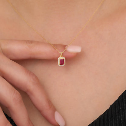Rectangle Ruby Bezel Necklace in 8K/10K/14K Solid Gold Surrounded with Real Diamonds, July Birthstone Jewelry