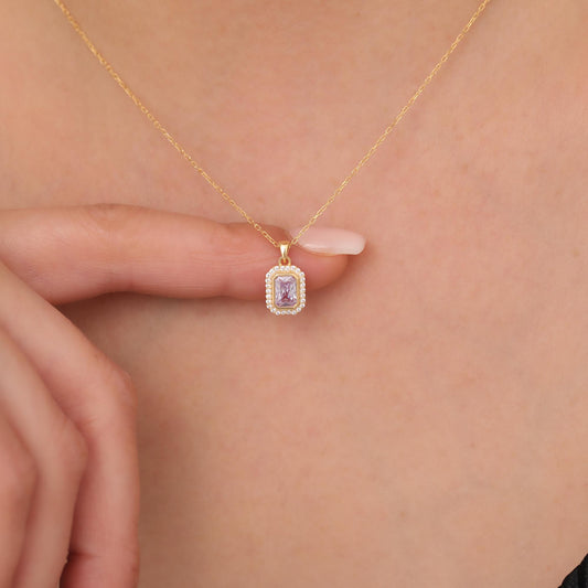 Rectangle Alexandrite Bezel Necklace in 8K/10K/14K Solid Gold Surrounded with Real Diamonds, June Birthstone Jewelry