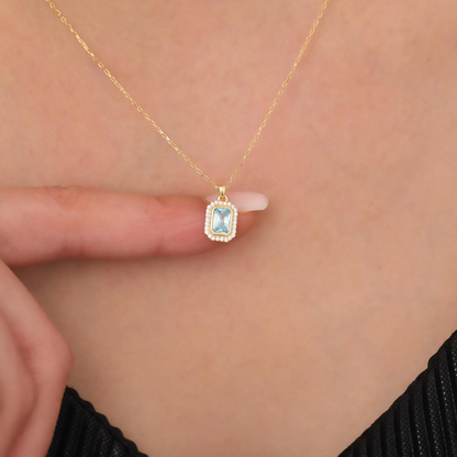 Rectangle Aquamarine Bezel Necklace in 8K/10K/14K Solid Gold Surrounded with Real Diamonds, March Birthstone Jewelry