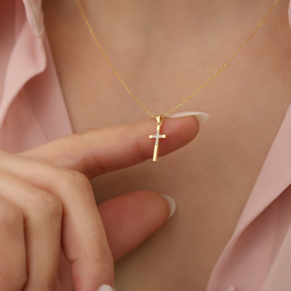 Cross Necklace with Real Diamonds in 14K Solid Gold, Religious Handmade Jewelry