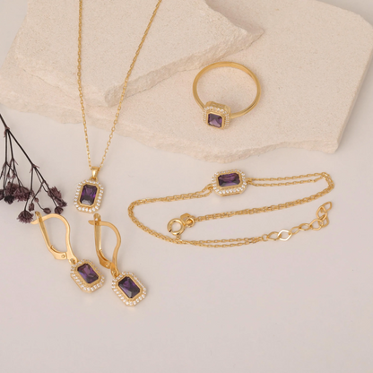 Rectangle Amethyst Bezel Necklace in 8K/10K/14K Solid Gold Surrounded with Real Diamonds, February Birthstone Jewelry