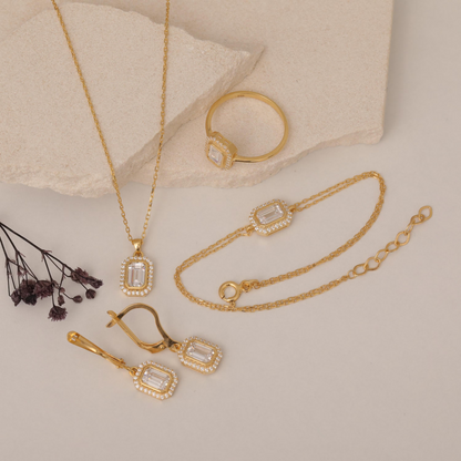 Rectangle White Topaz Bezel Necklace in 8K/10K/14K Solid Gold Surrounded with Real Diamonds, April Birthstone Jewelry