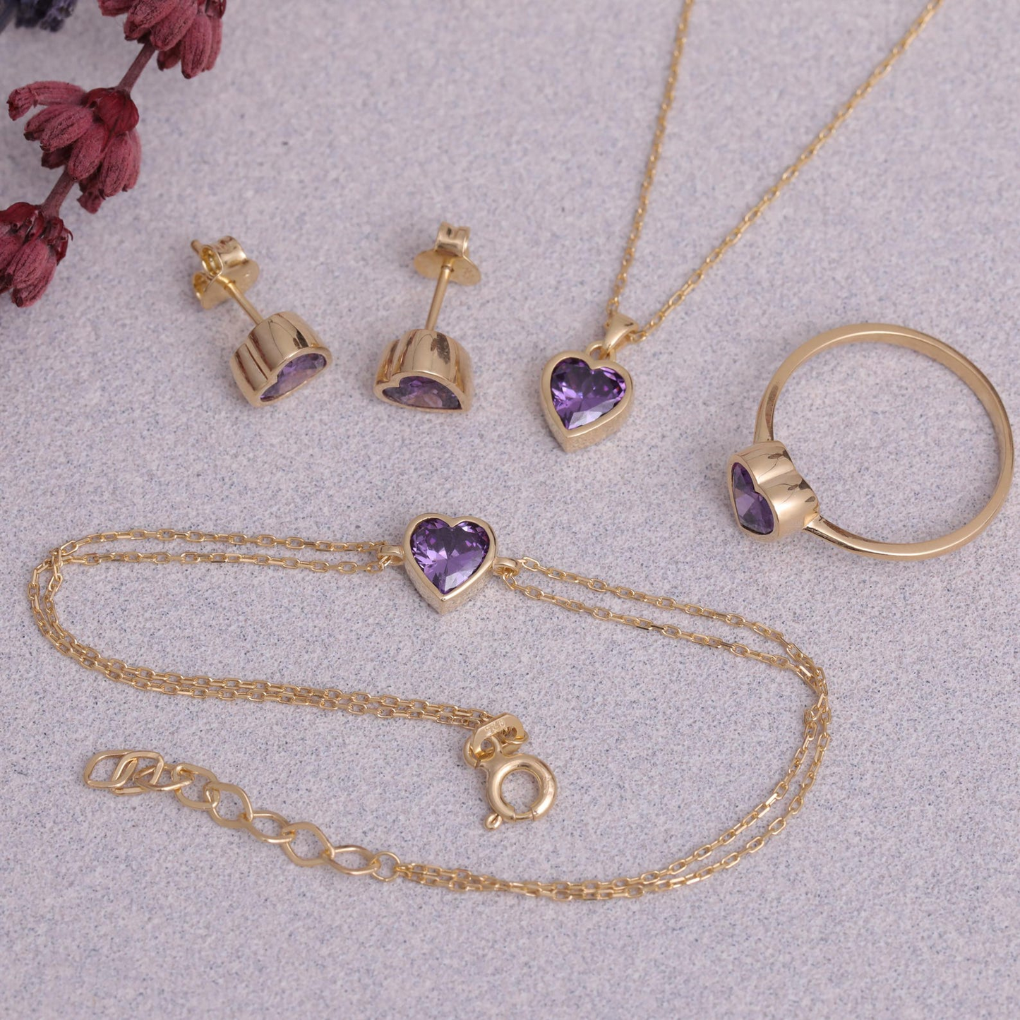 Amethyst Heart Bezel Stud Earrings 10K/14K Solid Gold, February Birthstone Jewelry
