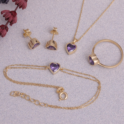 Amethyst Heart Bezel Stud Earrings 10K/14K Solid Gold, February Birthstone Jewelry