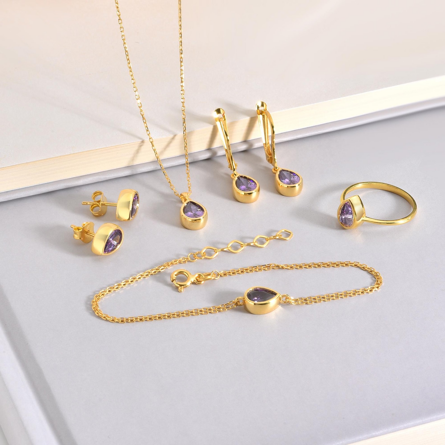 Amethyst Bezel Drop Necklace 10/14K Solid Gold, February Birthstone Jewelry