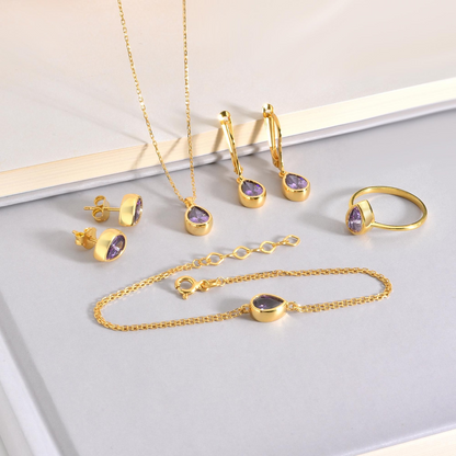 Amethyst Bezel Drop Necklace 10/14K Solid Gold, February Birthstone Jewelry
