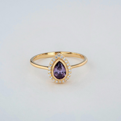 Amethyst Bezel Drop Ring with Real Diamonds in 8K/10K/14K Solid Gold | February Birthstone Jewelry