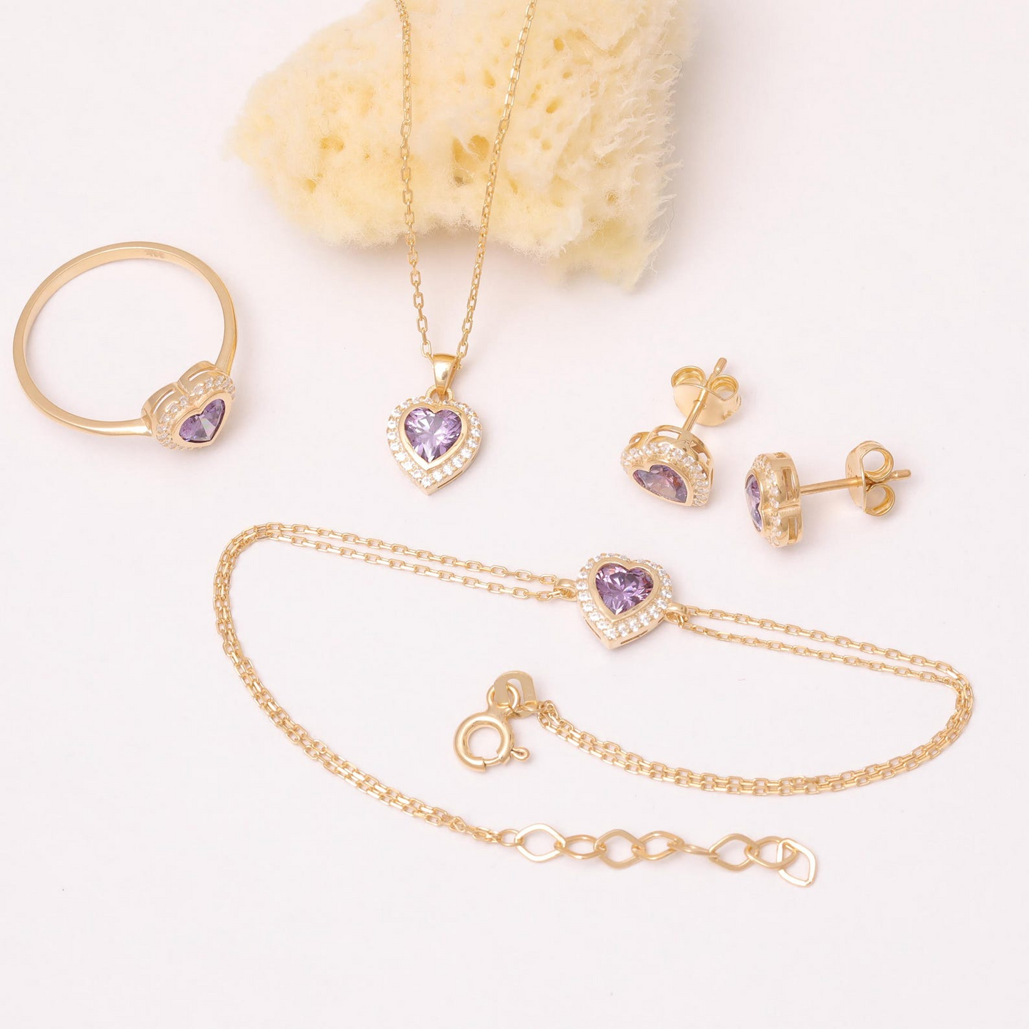 Amethyst Bezel Heart Stud Earrings with Real Diamonds in 10K/14K Solid Gold | February Birthstone Jewelry