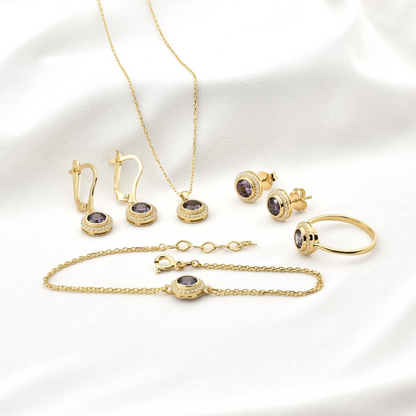Amethyst Round Bezel Bracelet in 8K/10K/14K Solid Gold with Real Diamonds, February Birthstone Jewelry