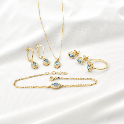 Blue Topaz Bezel Marquise Bracelet with Real Diamonds in 8K/10K/14K Solid Gold | December Birthstone Jewelry