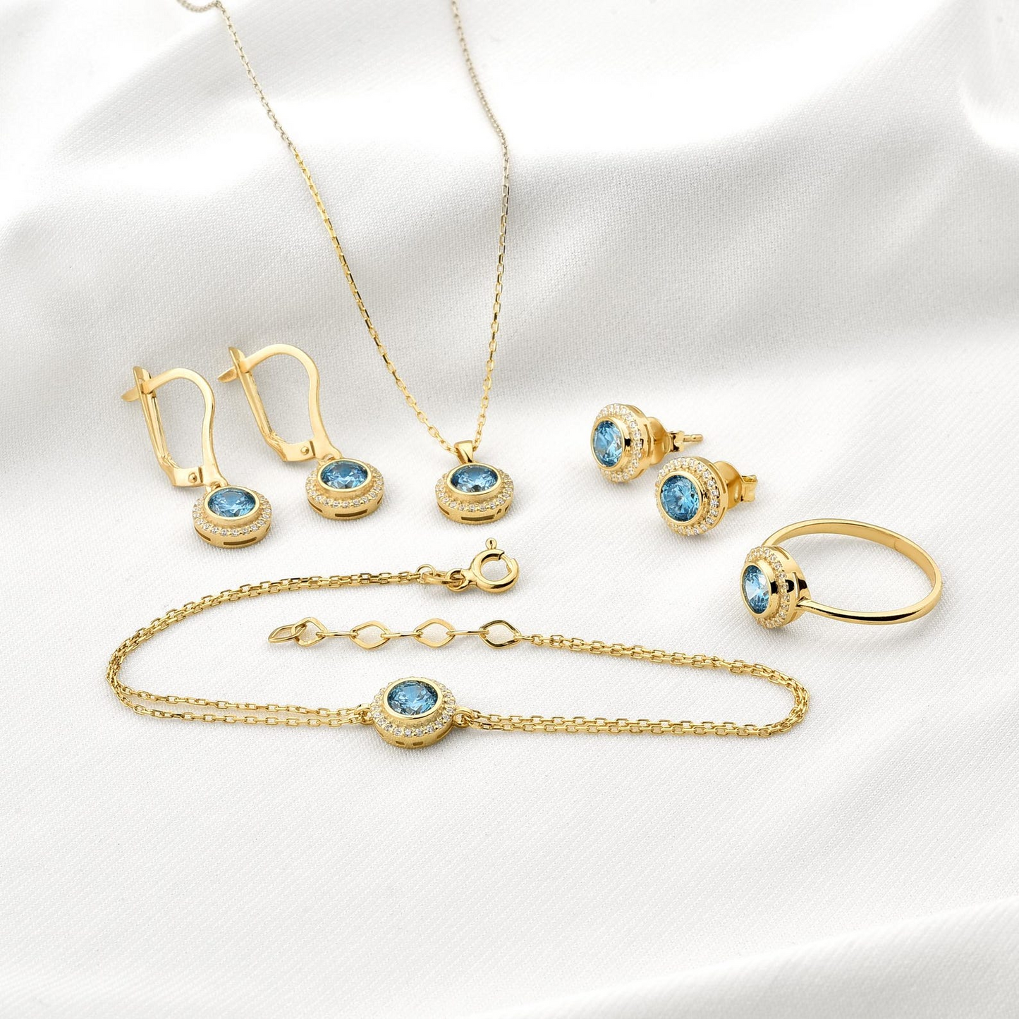 Blue Topaz Round Bezel Ring in 8K/10K/14K Solid Gold with Real Diamonds, December Birthstone Jewelry