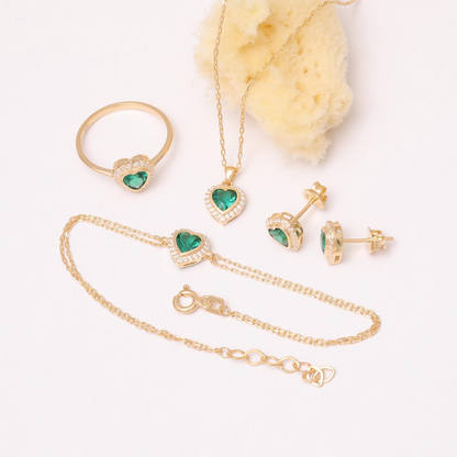 Emerald Bezel Heart Stud Earrings with Real Diamonds in 10K/14K Solid Gold | May Birthstone Jewelry