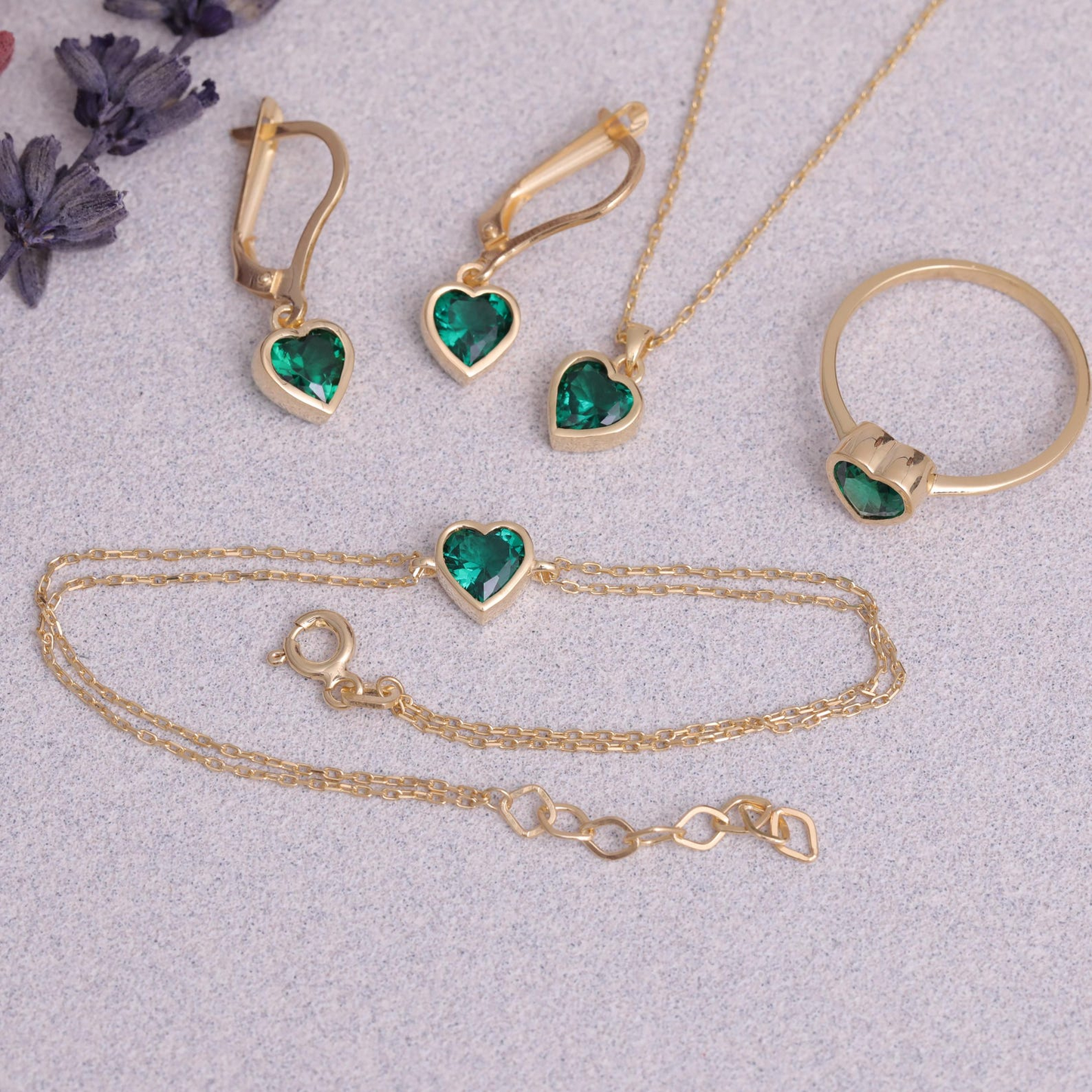 Emerald Heart Cut Bezel Dangle Earrings 14K Solid Gold, May Birthstone Jewelry