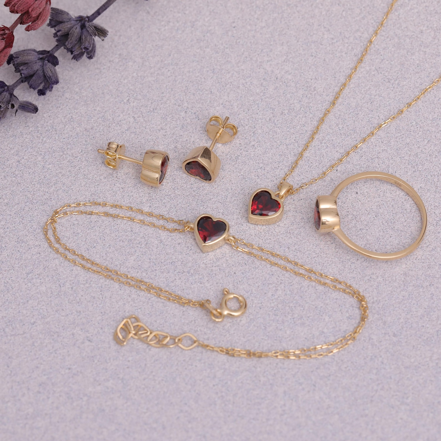 Garnet Heart Bezel Stud Earrings 10K/14K Solid Gold, January Birthstone Jewelry