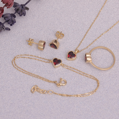 Garnet Heart Bezel Stud Earrings 10K/14K Solid Gold, January Birthstone Jewelry