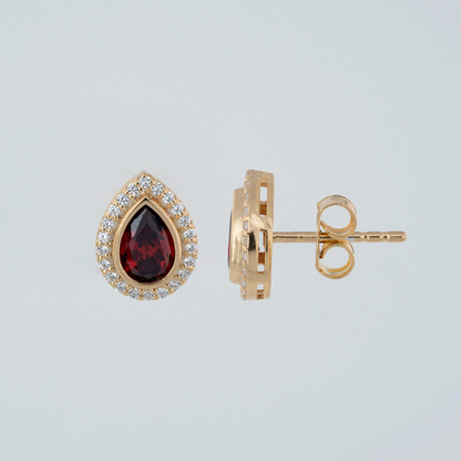 Garnet Bezel Drop Stud Earrings with Real Diamonds in 8K/10K/14K Solid Gold | January Birthstone Jewelry