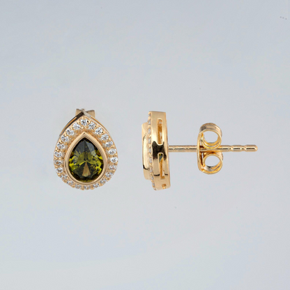 Peridot Bezel Drop Stud Earrings with Real Diamonds in 8K/10K/14K Solid Gold | August Birthstone Jewelry