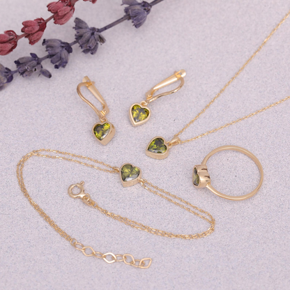 Peridot Heart Cut Bezel Dangle Earrings 14K Solid Gold, August Birthstone Jewelry