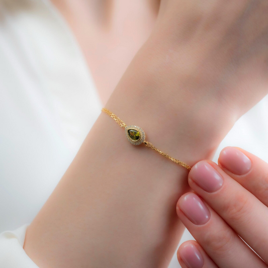 Peridot Bezel Drop Bracelet with Real Diamonds in 8K/10K/14K Solid Gold | August Birthstone Jewelry