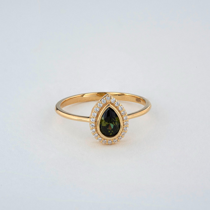 Peridot Bezel Drop Ring with Real Diamonds in 8K/10K/14K Solid Gold | August Birthstone Jewelry