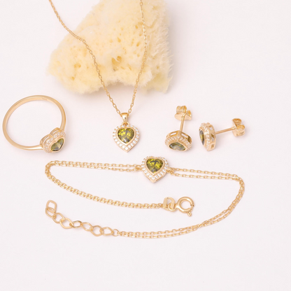 Peridot Bezel Heart Stud Earrings with Real Diamonds in 10K/14K Solid Gold | August Birthstone Jewelry