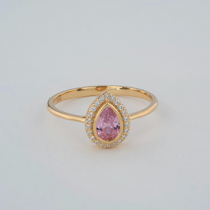 Pink Tourmaline Bezel Drop Ring with Real Diamonds in 8K/10K/14K Solid Gold | October Birthstone Jewelry