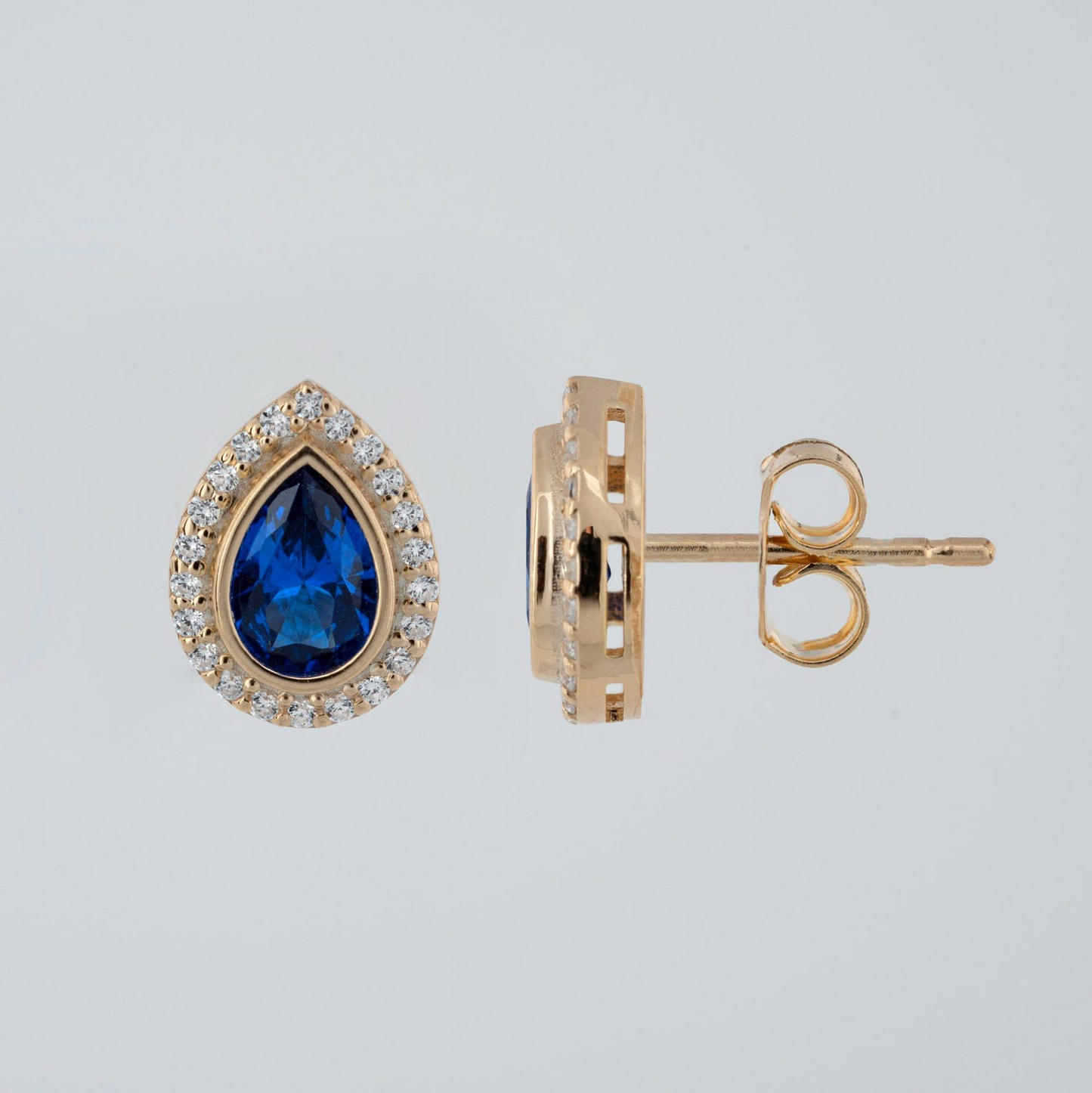 Sapphire Bezel Drop Stud Earrings with Real Diamonds in 8K/10K/14K Solid Gold | September Birthstone Jewelry