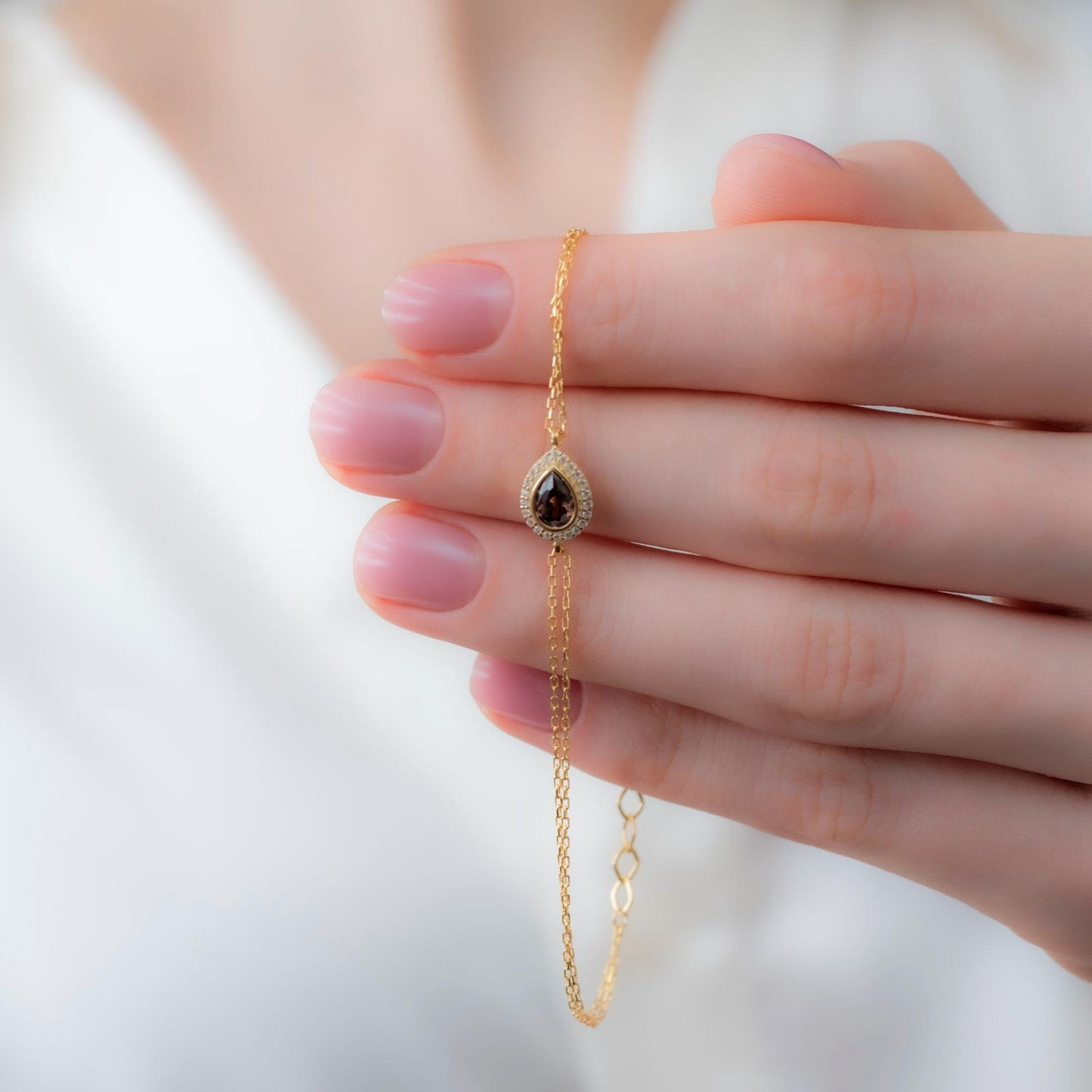 Smoky Quartz Bezel Drop Bracelet with Real Diamonds in 8K/10K/14K Solid Gold | Handmade Jewelry