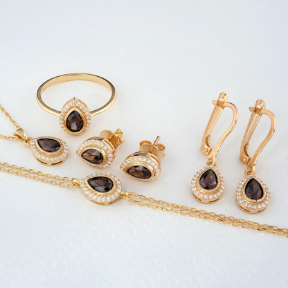 Smoky Quartz Bezel Drop Ring with Real Diamonds in 8K/10K/14K Solid Gold | Handmade Jewelry