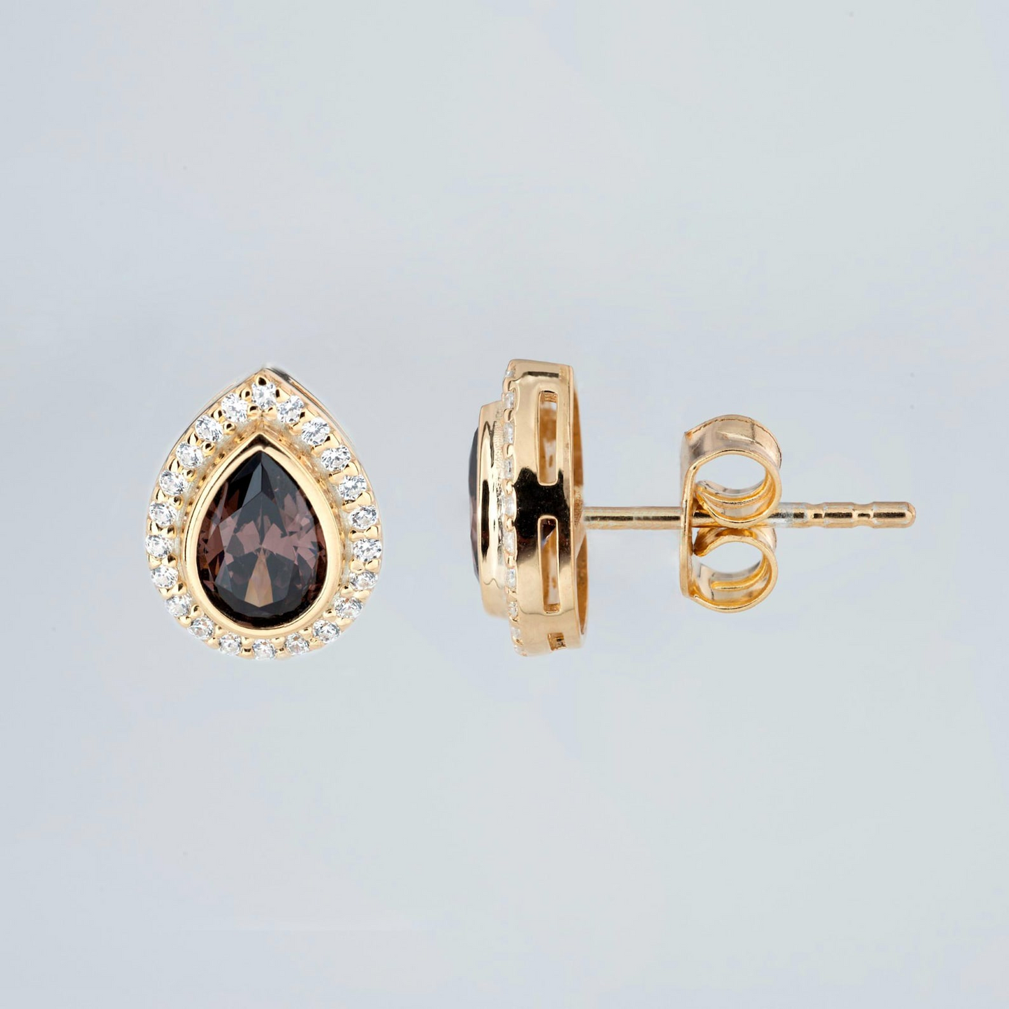 Smoky Quartz Bezel Drop Stud Earrings with Real Diamonds in 8K/10K/14K Solid Gold | Handmade Jewelry