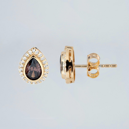 Smoky Quartz Bezel Drop Stud Earrings with Real Diamonds in 8K/10K/14K Solid Gold | Handmade Jewelry