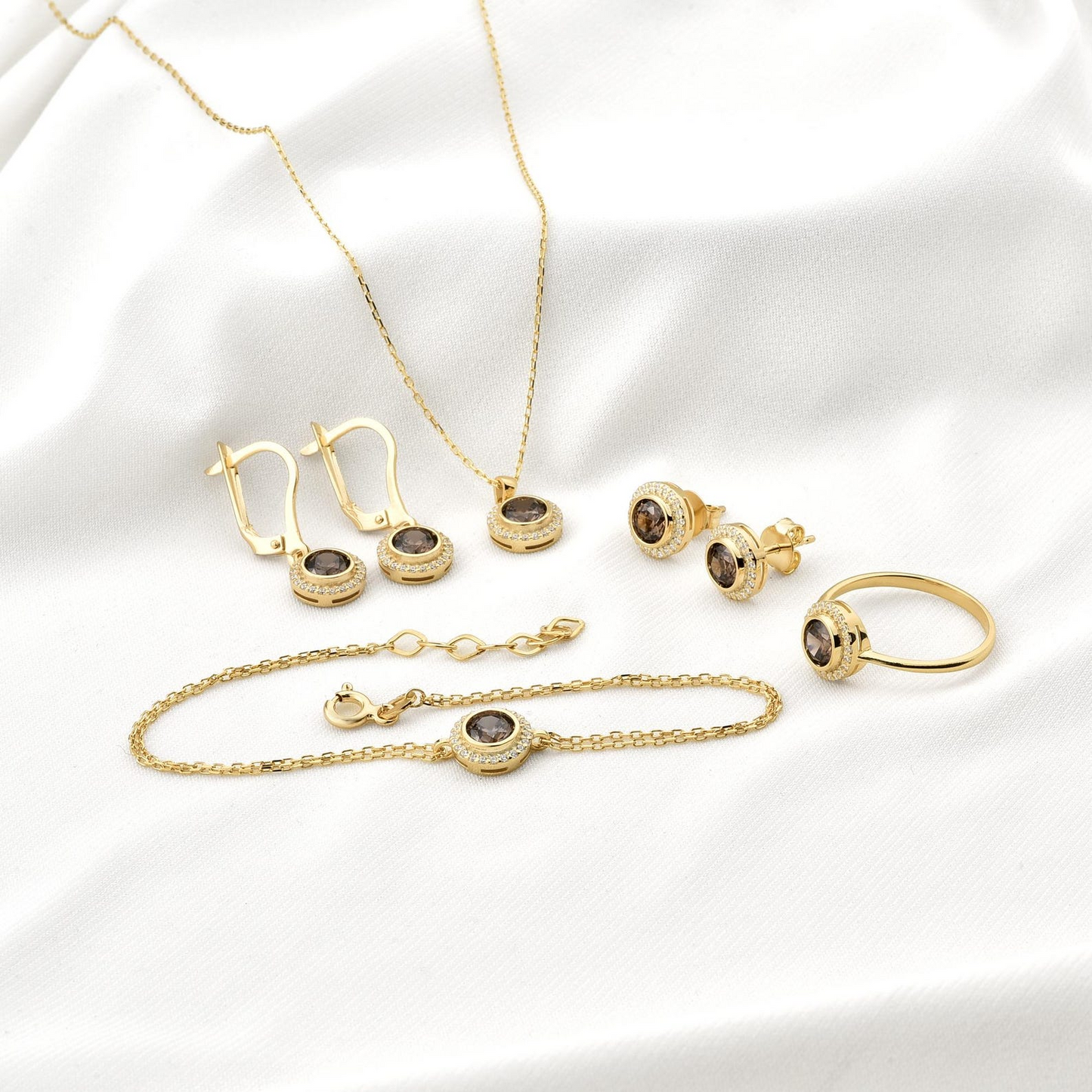 Smoky Quartz Round Bezel Bracelet in 8K/10K/14K Solid Gold with Real Diamonds, Handmade Jewelry
