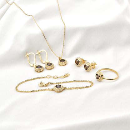 Smoky Quartz Round Bezel Bracelet in 8K/10K/14K Solid Gold with Real Diamonds, Handmade Jewelry
