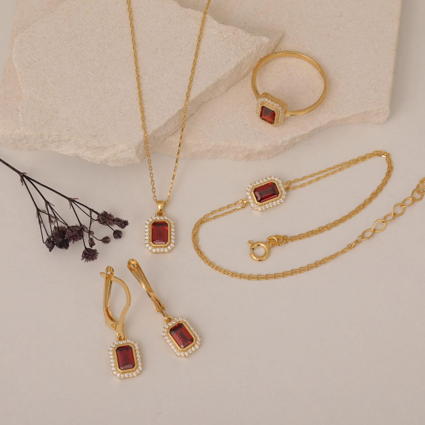Rectangle Garnet Bezel Necklace in 8K/10K/14K Solid Gold Surrounded with Real Diamonds, January Birthstone Jewelry