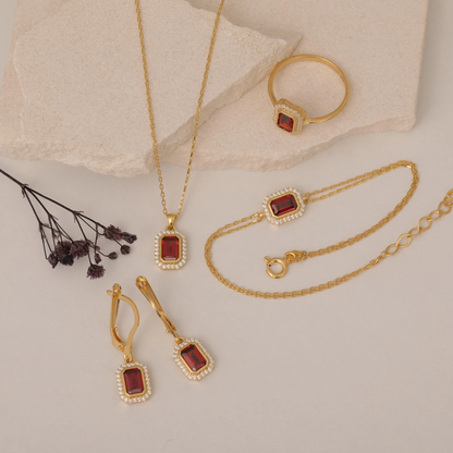 Rectangle Garnet Bezel Necklace in 8K/10K/14K Solid Gold Surrounded with Real Diamonds, January Birthstone Jewelry