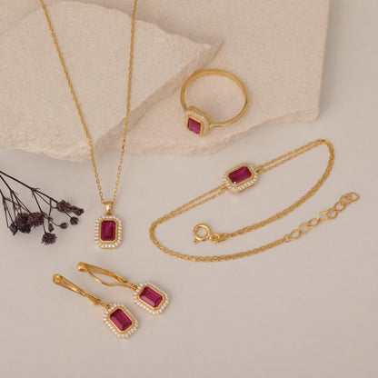 Rectangle Ruby Bezel Necklace in 8K/10K/14K Solid Gold Surrounded with Real Diamonds, July Birthstone Jewelry