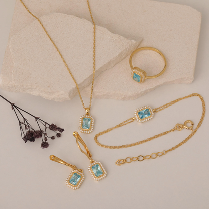 Rectangle Aquamarine Bezel Necklace in 8K/10K/14K Solid Gold Surrounded with Real Diamonds, March Birthstone Jewelry