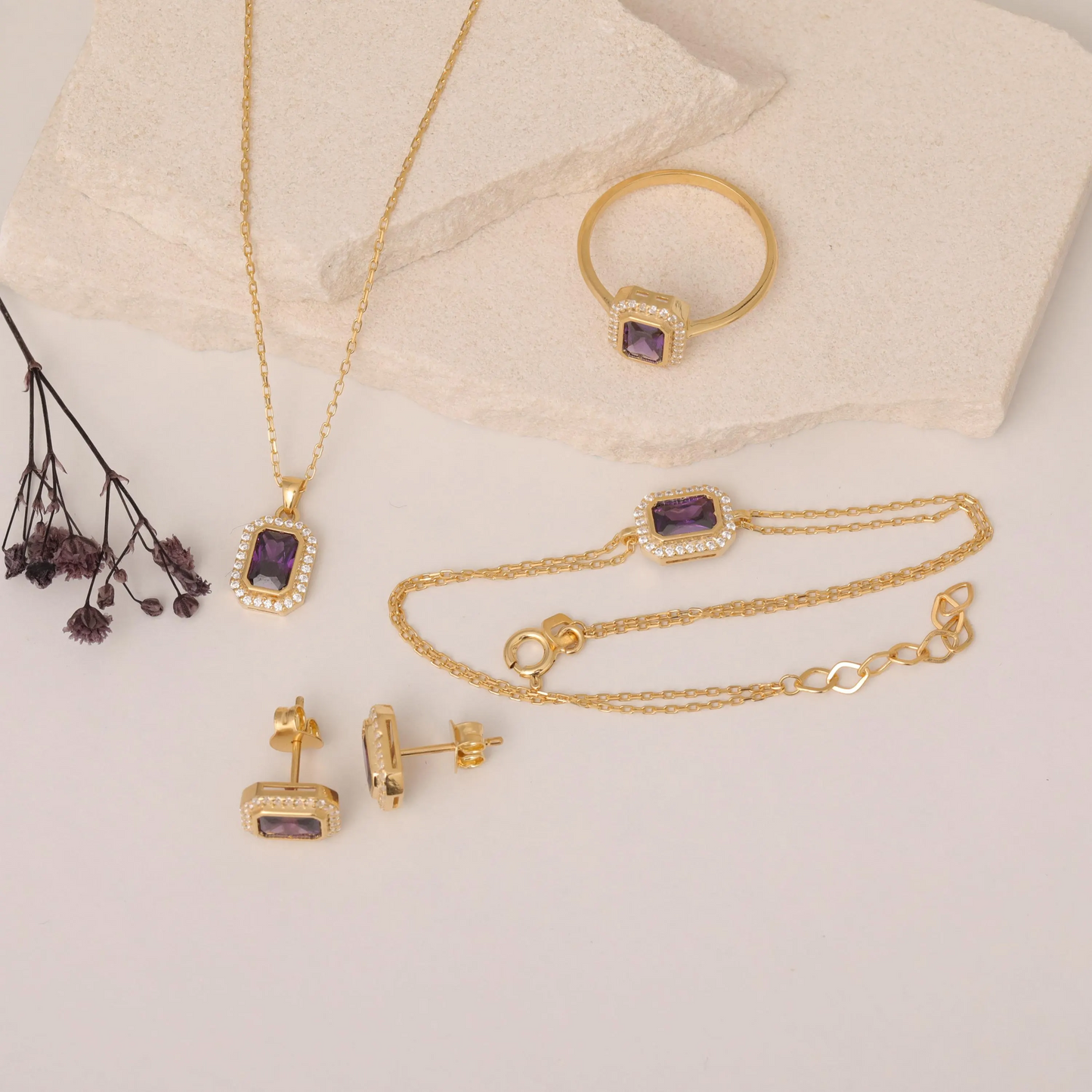 Rectangle Amethyst Bezel Necklace in 8K/10K/14K Solid Gold Surrounded with Real Diamonds, February Birthstone Jewelry
