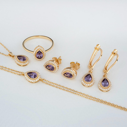 Amethyst Bezel Drop Ring with Real Diamonds in 8K/10K/14K Solid Gold | February Birthstone Jewelry