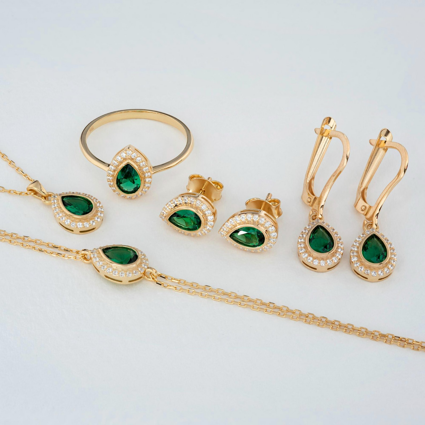 Emerald Bezel Drop Stud Earrings with Real Diamonds in 8K/10K/14K Solid Gold | May Birthstone Jewelry