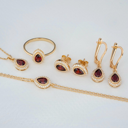 Garnet Bezel Drop Ring with Real Diamonds in 8K/10K/14K Solid Gold | January Birthstone Jewelry